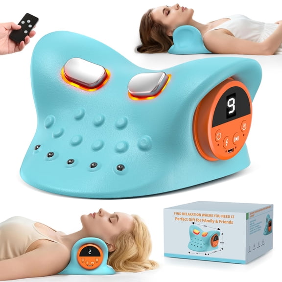 4-in-1 Neck Shoulder Massager with Heating Vibration & Multi-Directional Stretch, 360 Adjustable Ergonomic Neck Relaxer with Remote Control, Portable Electric Massage Device for Home Office Car Trav