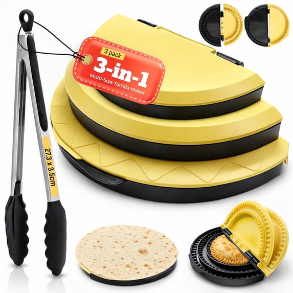 4-in-1 Nesting Tortilla Sealer & Crimper With Food Tong | 6/8/10 Inch Sizes For Wraps Quesadillas Burritos Tacos Dumplings