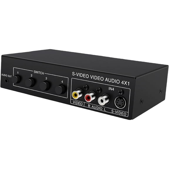 4 in 1 Out S Video Switcher, 4X1 720P Video Selector with 3.5mm Output, Sturdy Metal Housing Multi Device Switch Box for Home Theater Living Room