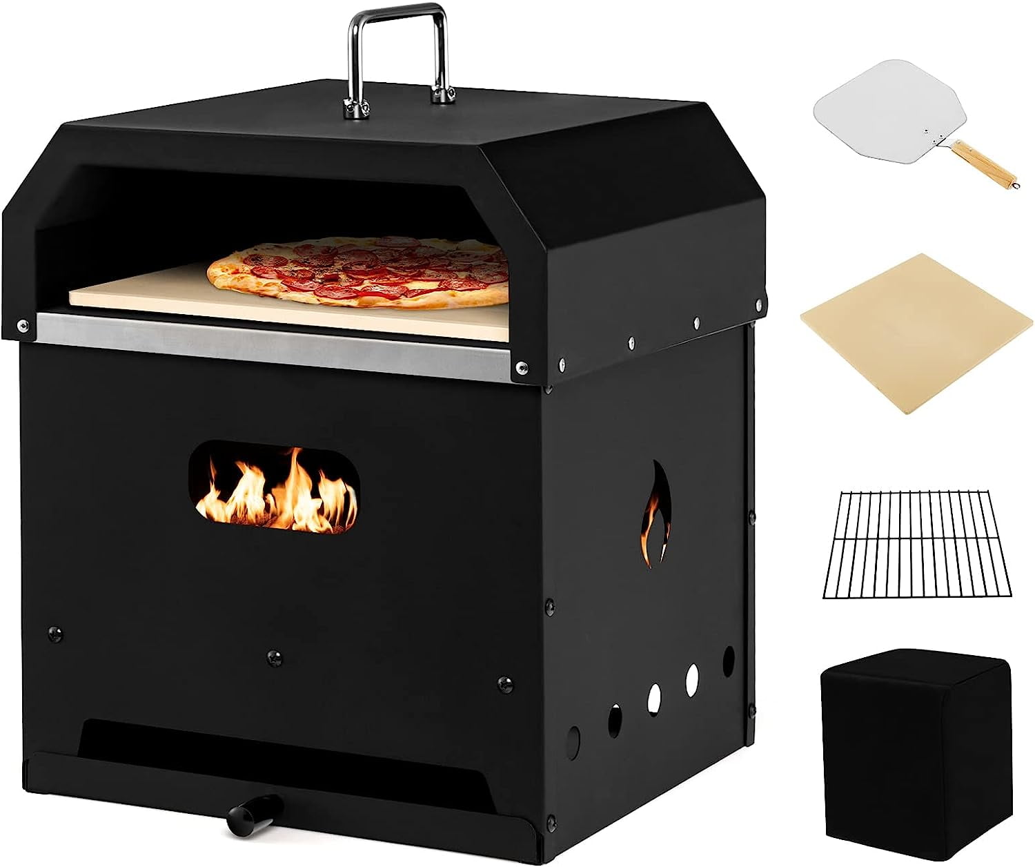 4in1 Outdoor Pizza Oven, Wood Fired 2Layer Pizza Maker with Cover, Pizza Stone, Shovel, Grill