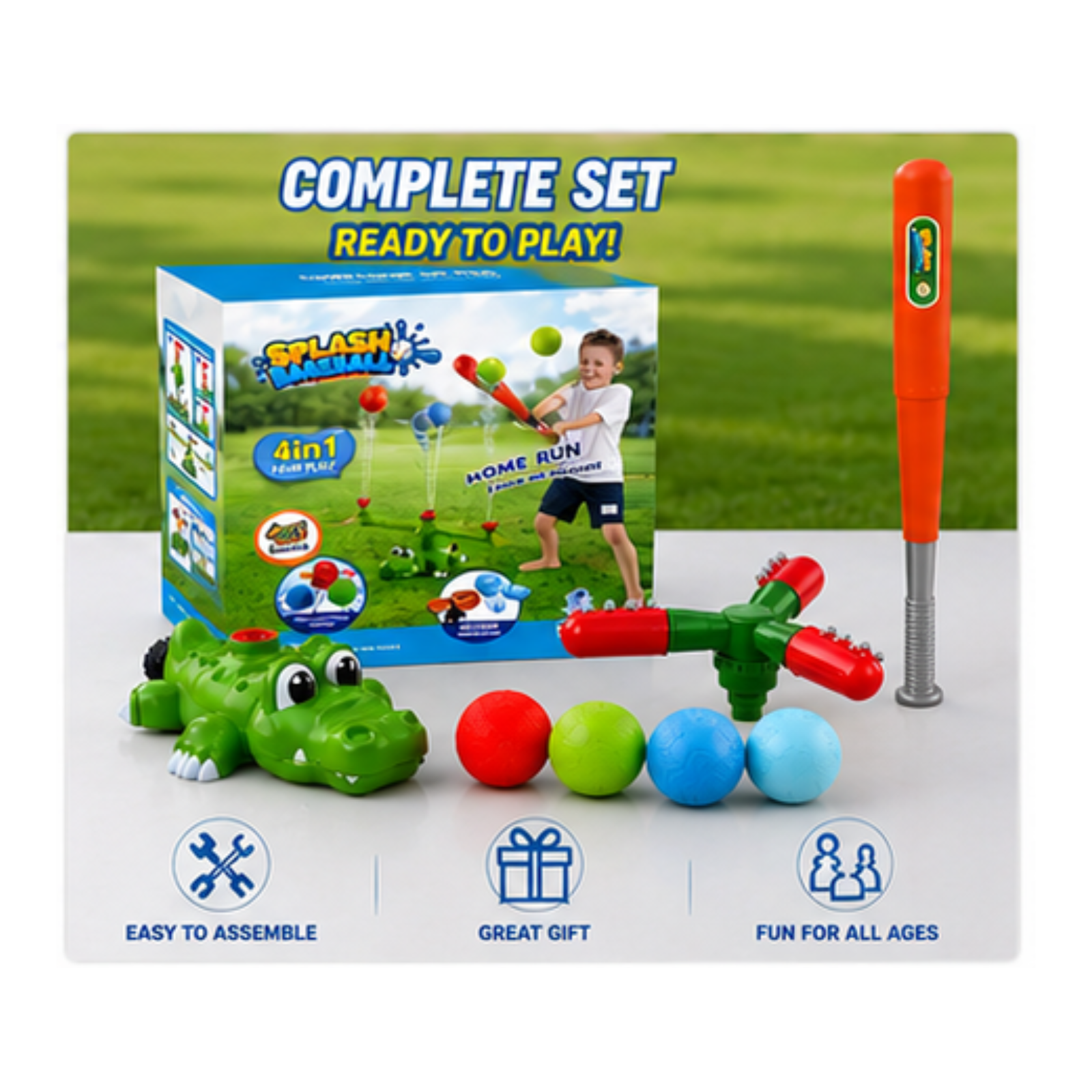 4-in-1 Outdoor Water Toys for Kids, Crocodile Sprinkler T Ball Game, Water Sprinklers for Yard, Toddler Outside Toys, Summer Backyard Water Games for Boys Girls
