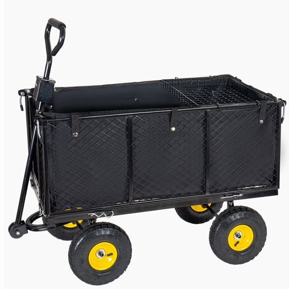 4-in-1 Oversized Steel Dump Garden Cart, 880lbs All-Terrain Cart with Removable Liner & Panels for Outdoor Lawn, Patio & Landscaping, Black