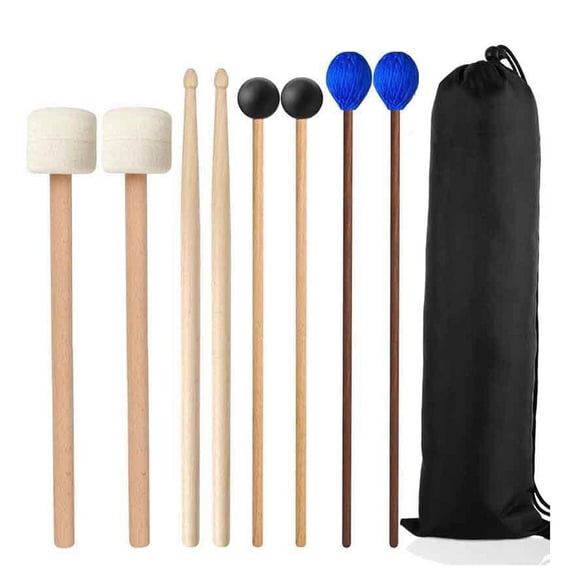 4-in-1 Percussion Mallet and Drumstick Set: Felt Timpani Mallets, Rubber Bell Mallets, Yarn Marimba Mallets, 5A Maple Drumsticks for Diverse Musical Performances