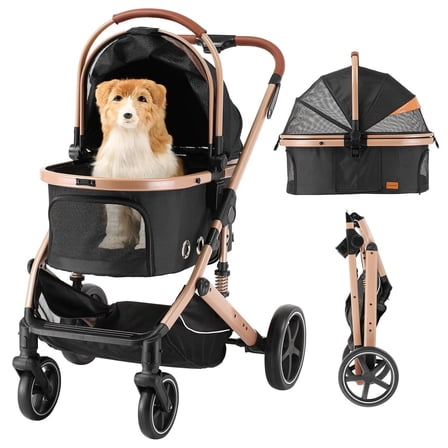 4-in-1 Pet Stroller for Cats & Dogs, Folding Lightweight Dog Stroller with Detachable Carrier, 180° Reversible Canopy, All-Terrain 4-Wheels, 45 lbs Capacity, Black OxFabric
