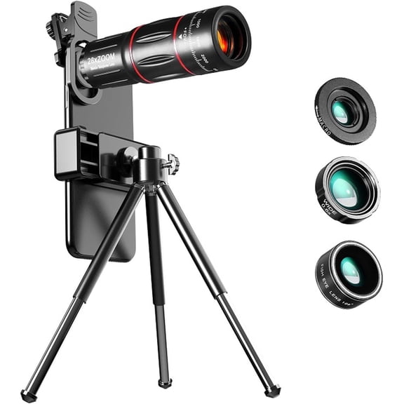 4 in 1 Phone Camera Lens Kit, 28X Telescope, 198 Fisheye, 0.6X Wide Angle, 20X Macro Lens Kit with Clamp, Adjustable Tripod, for Smartphone Tablet