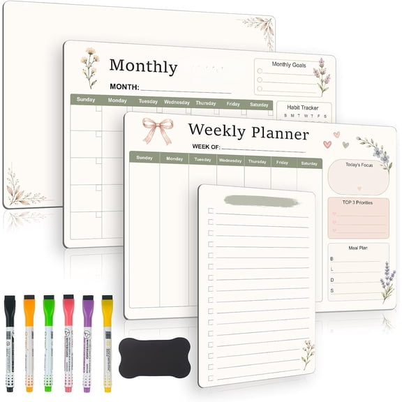 4-in-1 Planner Set, Whiteboard Calendar Planner for Fridge | Stain-Resistant Dry Erase Board Calendar for Refrigerator, Large Space for Schedules, Include 6 Dry Markers & Eraser