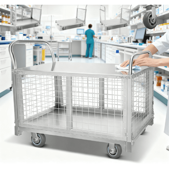 4-in-1 Platform Truck Cart with Cage, Multi-Purpose Heavy Duty Steel Flatbed Cart with 2200lbs Capacity Platform Hand Truck 6" Wheels Push Cart Dolly for Groceries, Garage, Warehouse (41L x 24" W)