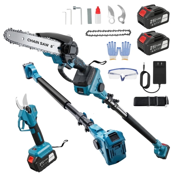 4-in-1 Cordless Pole Saw & Electric Pruning Shears, 8 inch Mini Chainsaw with 2×4.0Ah Batteries and 8.53ft Telescoping Pole for Garden Pruning