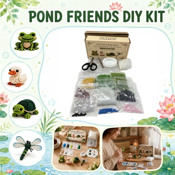 4-in-1 Pond Animal Bead String Craft Kit, Complete DIY Set for Frog, Duck, Turtle & Dragonfly Figures, Home Decor Handmade Project with Beads, Tools & Cotton