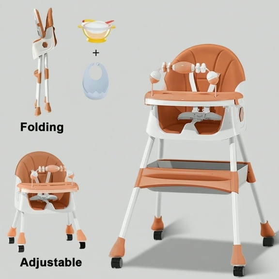 YYuan 4-in-1 Portable Baby Dining Chair, Convertible High Chair with 5-Point Harness, Meal Tray and Toy Holder, Brown