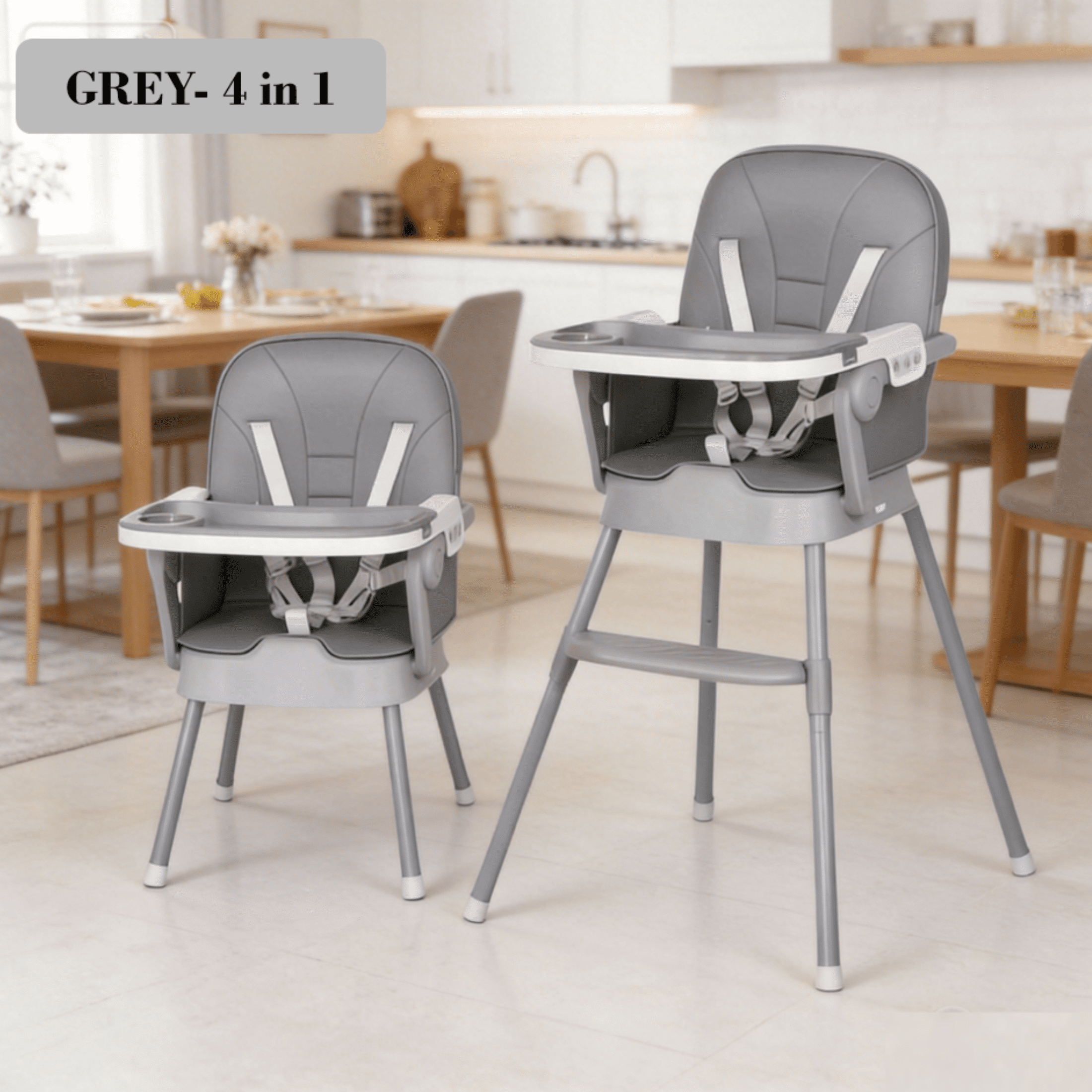 4 in 1 Portable Baby High Chair, Lightweight Toddler Booster Seat,Infant Feeding Chair, Easy Fold & Carry, Stable Design for Growing Baby,Grey