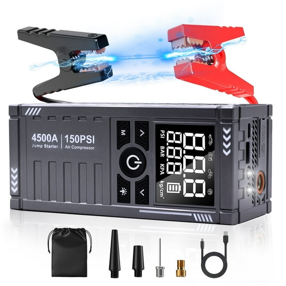 URFRU 4500A Portable Jump Starter for Car with 150 PSI Air Compressor, Emergency Lighting