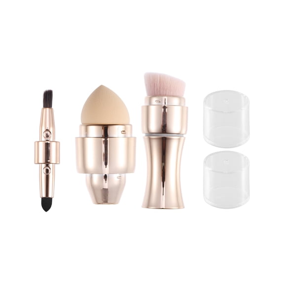 4 in 1 Portable Makeup Brush Set Foundation Sponge Brush Plastic Handle Gold Tone 4.7Inches Height
