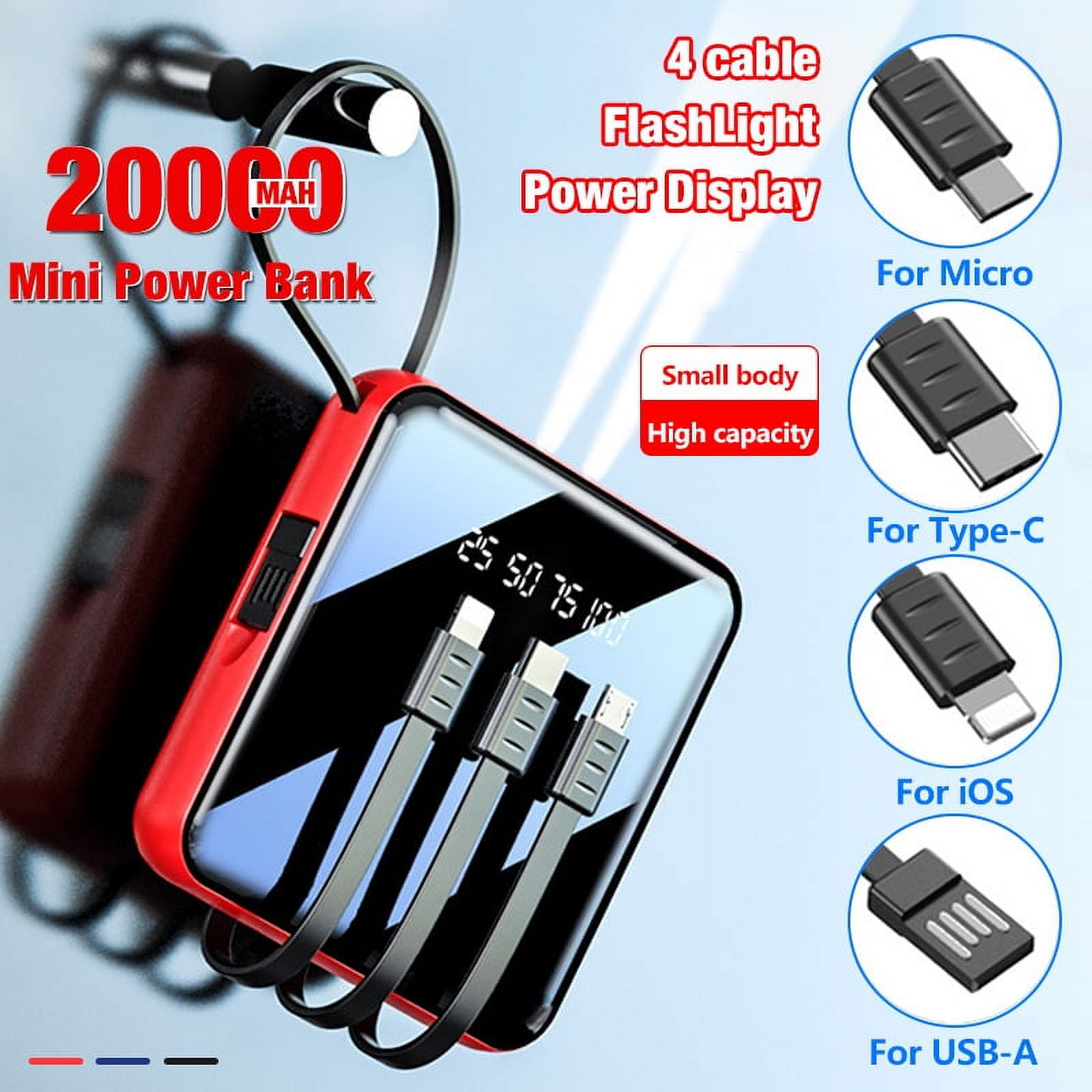 4 in 1 Power Bank, 20000mAh Portable Charger Mini Power Bank for  iOS/Micro/type-c/USB-A, Black 