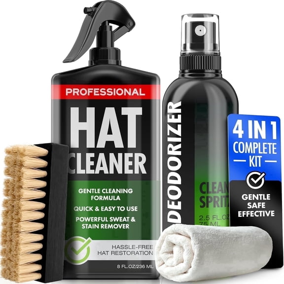 Fortivo 4-in-1 Hat Cleaning Kit with Hat Cleaner, Brush, Microfiber Cloth & Lemon Deodorizer, 8 fl oz, 4 Count, for Baseball & Cowboy Hats