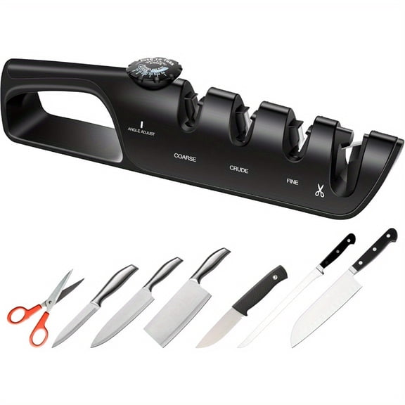 4-in-1 Professional Manual Knife Sharpener - Adjustable Angle, 3-Level Sharpening for Kitchen & Restaurant Use, Includes Tungsten Steel, Diamond, Ceramic Stones, Scissor Sharpener