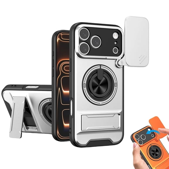 4-in-1 Protective Case with Camera Slider, Shockproof Magnetic Phone Case with Slide Camera Lens Protector and Ring Holder for iPhone 17/16/15 Pro Max (Silver, for iPhone15)