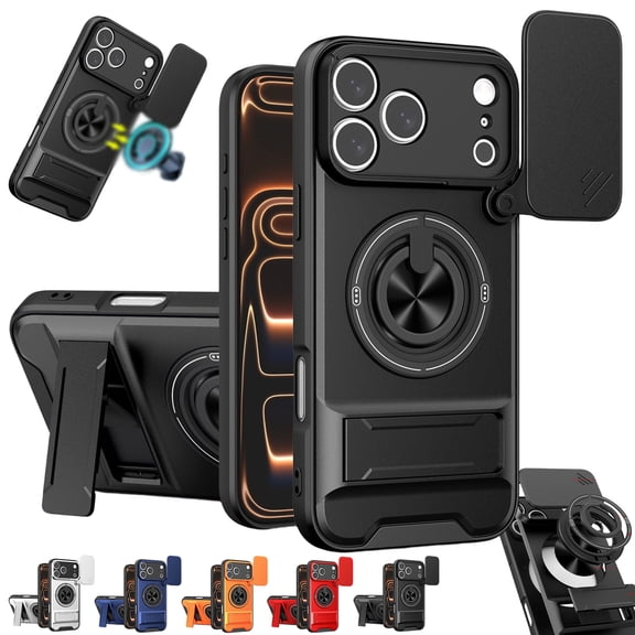 4-in-1 Protective Case with Camera Slider for iPhone 17pro, Magnetic Swivel Case - 360 Ring Grip & Kickstand, Full Protection, Grade Shockproof Protective Case(Black)