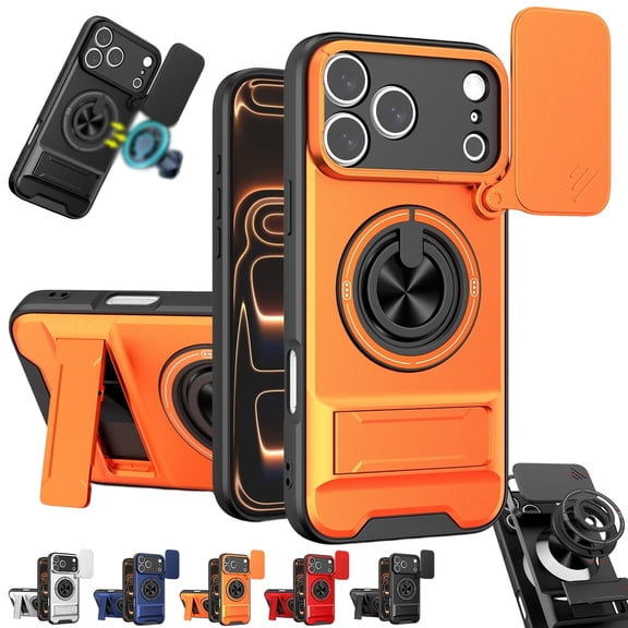 4-in-1 Protective Case with Camera Slider for iPhone 17pro, Magnetic Swivel Case - 360 Ring Grip & Kickstand, Full Protection, Grade Shockproof Protective Case(Orange)