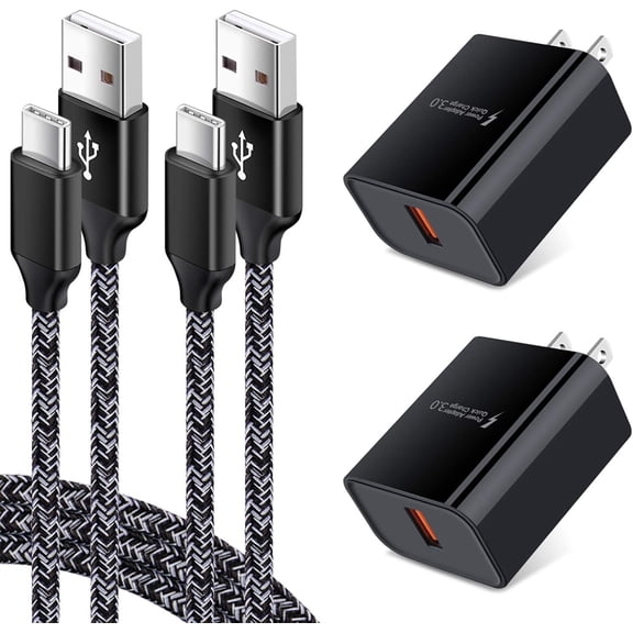 4-in-1 QC3.0 Fast Charger Kit 2Pack 18W USB Wall Charger Block with 2Pack 6FT Type C Cable 3A Fast Charging & 480Mbps Data Sync Power Adapter Compatible with Samsung Galaxy S20-S26 Ultra A Series Goo