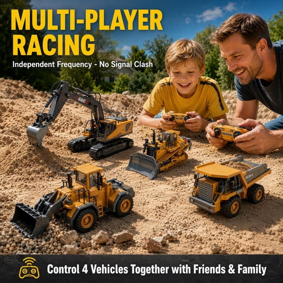 4-in-1 RC Construction Fleet Set, Yellow 1:20 Alloy Plastic Remote Control Engineering Vehicles, Rotatable Working Structure, LED Light, Battery & Charger