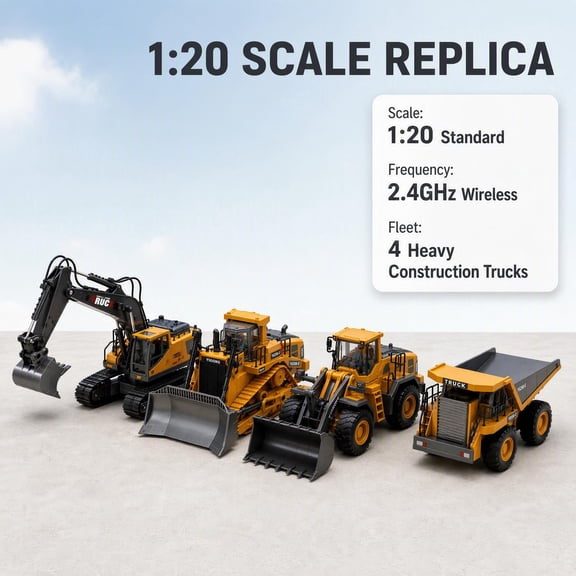 4-in-1 RC Construction Machinery 1:20 Yellow Alloy Plastic Remote Control Excavator Bulldozer Dump Truck Loader Rotatable Structure LED Light Battery and Charger