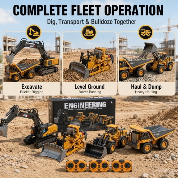4-in-1 RC Construction Machinery Set 1:20 Alloy Plastic RC Excavator Loader Dump Truck Bulldozer Rotatable Mechanism LED Light Battery & Charger Included