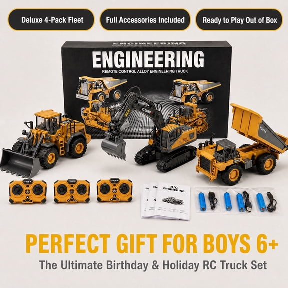 4-in-1 RC Engineering Fleet 1:20 Alloy Plastic RC Excavator Bulldozer Dump Truck Loader Rotatable Structure LED Light Battery & Charger Included