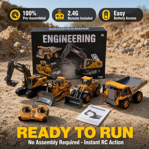 4-in-1 RC Engineering Machinery Bundle, Yellow 1:20 Scale Alloy Plastic Construction RC Models, Rotatable Working Joints, LED Lighting, Full Power Accessories