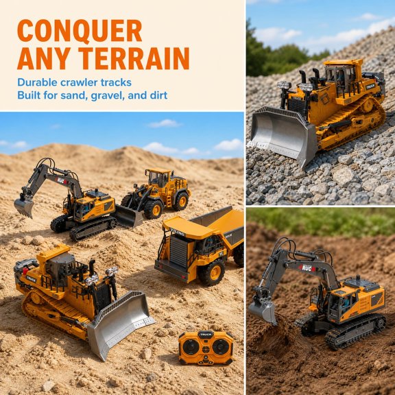 4-in-1 RC Engineering Machinery Set Yellow 1:20 Alloy Plastic RC Excavator Bulldozer Dump Truck Loader Rotatable Design LED Lighting Battery & Charger Included