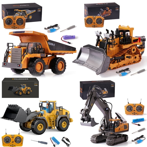 4-in-1 RC Excavator Set, 2.4GHz Remote Control Construction Vehicle Set, 11 Channel Excavator & Dump Truck with Realistic Lights and Sounds, Durable ABS Trucks for Construction Site Simulation