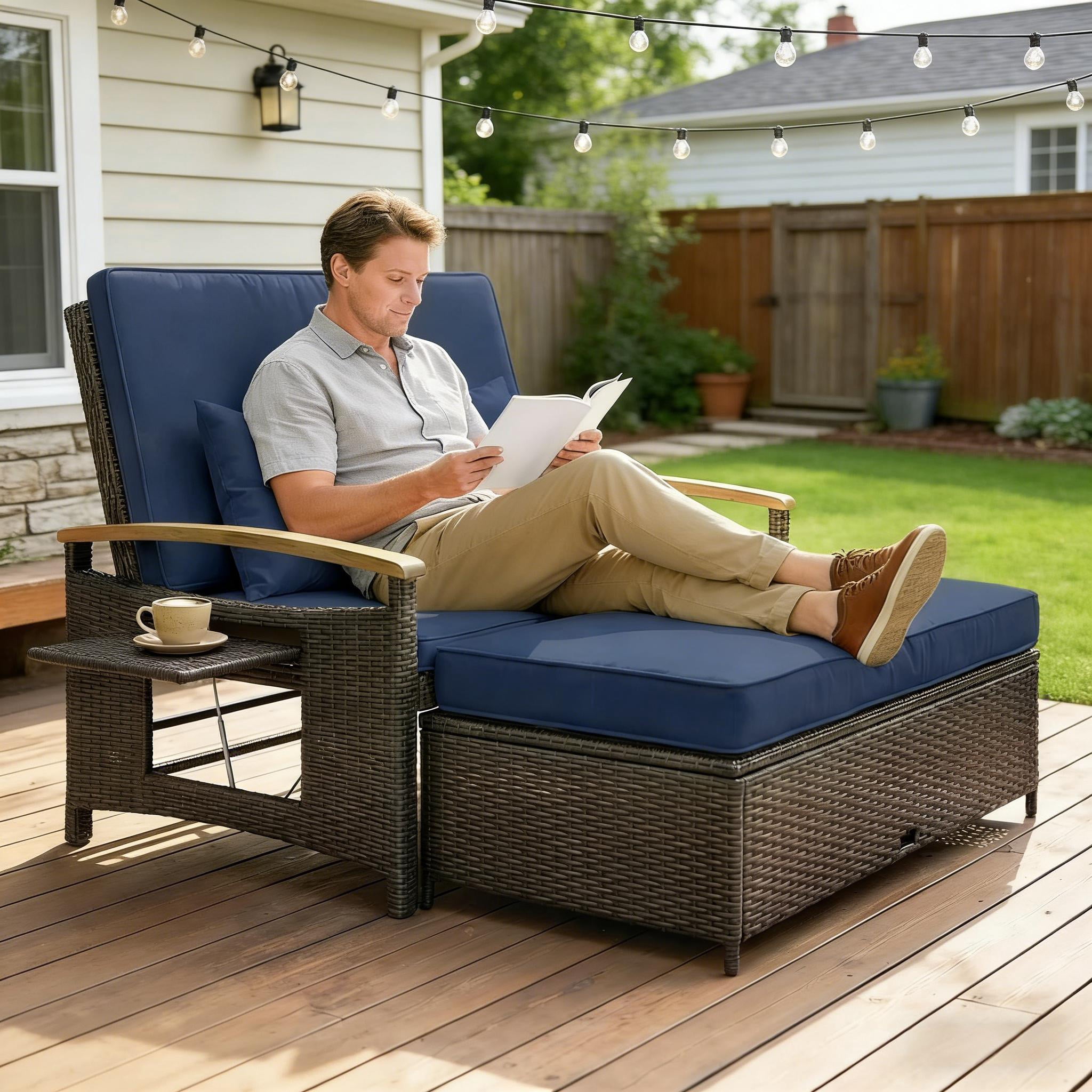 4-in-1 Rattan Outdoor Daybed with 4-Level Adjustable Backrest, Storage Ottoman and Side Tables