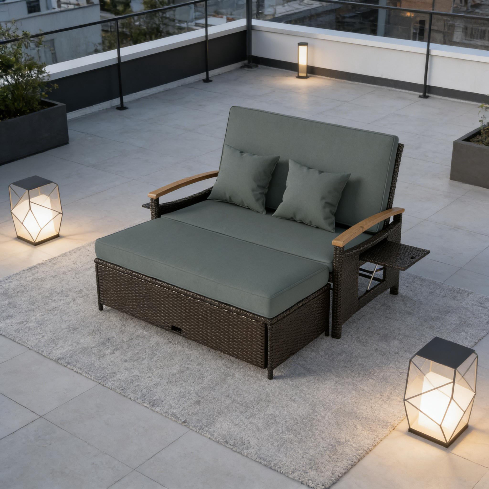 4-in-1 Rattan Outdoor Daybed with 4-Level Adjustable Backrest, Storage Ottoman and Side Tables