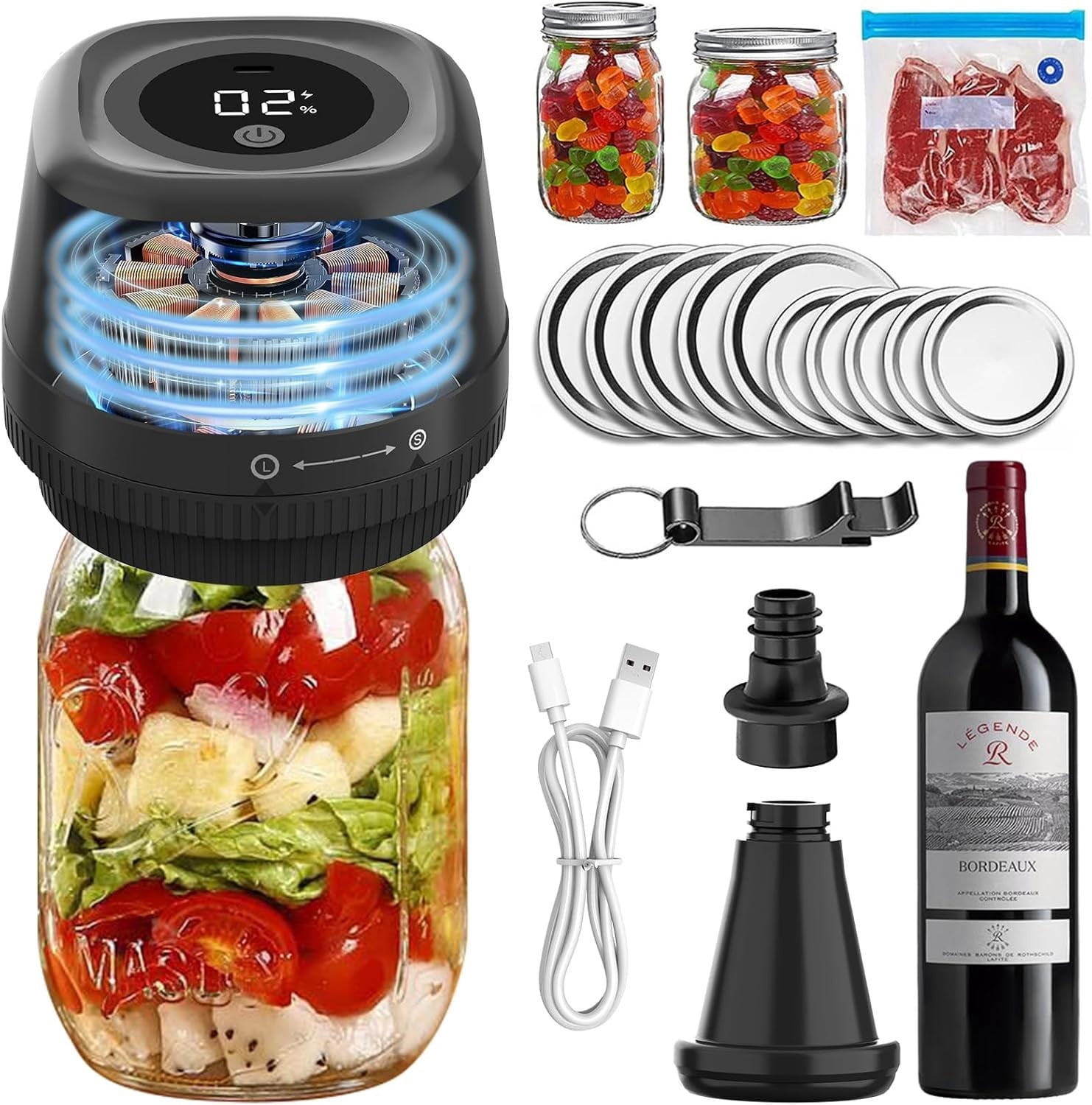 4-in-1 Rechargeable Vacuum Sealer for Mason Jars, Bags & Wine, Automatic Stop, LCD Display, Complete Food Preservation Kit with Pump and 10-Lids