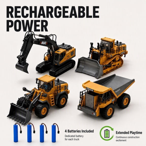 4-in-1 Remote Control Excavator Bulldozer Dump Truck Loader Yellow RC Construction Vehicle 1:20 Alloy Plastic Rotatable LED Light Battery