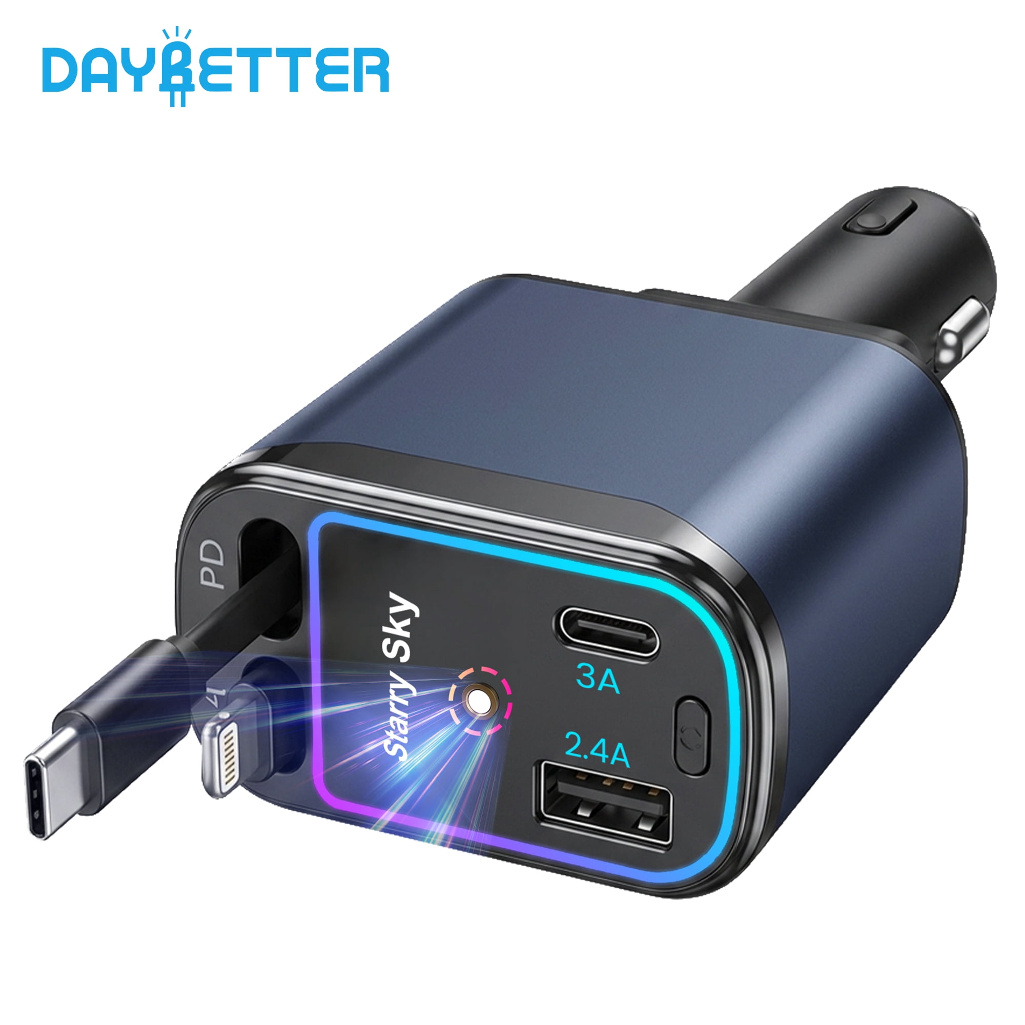 DAYBETTER 4-in-1 Car Charger with Light & Star Projector, Fast Charging with USB-C & A for iPhone, Galaxy, Samsung, Car Accessories for Mother’s Day gifts