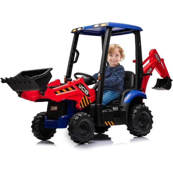 4-in-1 Ride-On Tractor, Excavator & Bulldozer with Removable Tent, 12V Electric Vehicle, Remote Control, Front Loader, Horn, EVA Tires, for Ages 3-8,Red&Blue