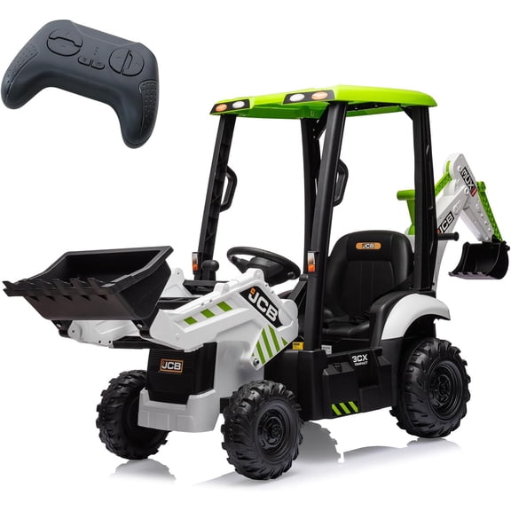 4-in-1 Ride-On Tractor, Excavator & Bulldozer with Removable Tent, 12V Electric Vehicle, Remote Control, Front Loader, Horn, EVA Tires, for Ages 3-8,White&Green