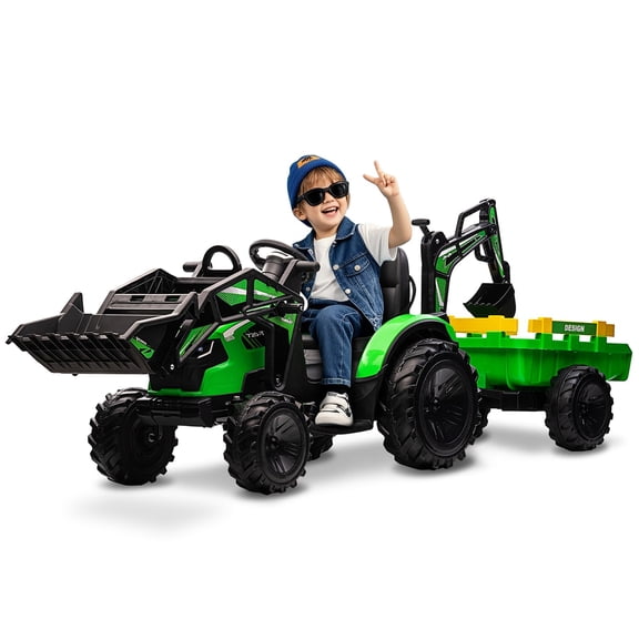 4-in-1 Ride on Tractor, 24v Ride on Toys for Big Kids, Remote Control Excavator with Trailer, Shovel Bucket, Digger, Remote Control, EVA Tires, LED Light, Music, USB, Green