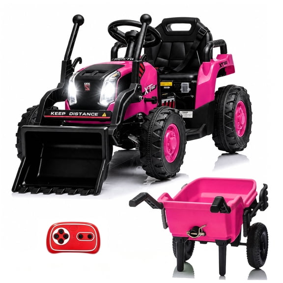 Alpha Joy 4-in-1 Ride on Tractor with Detachable Trailer & Loader 24V Electric Toy Car with Shovel, Remote Control, Tippable Trailer, USB, Headlight, Bluetooth, 3 Speed Adjustable for Kids 3+, Pink