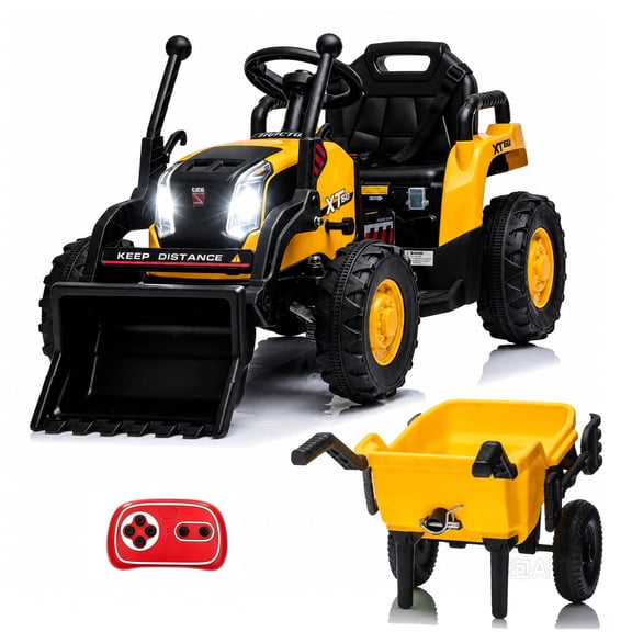 Alpha Joy 4-in-1 Ride on Tractor with Detachable Trailer & Loader 24V Electric Toy Car with Shovel, Remote Control, Tippable Trailer, USB, Headlight, Bluetooth, 3 Speed Adjustable for Kids 3 , Yellow