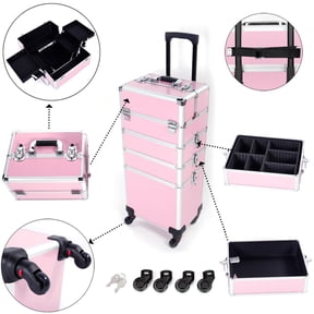 4in1 Rolling Aluminum Makeup Train Case, Lockable Cosmetic Storage Box with Wheels, Portable Beauty Organizer Makeup Trolley for Makeup Artists & Home Use