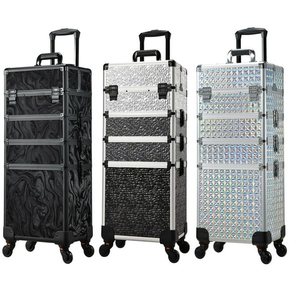4 in 1 Rolling Makeup Case Professional Cosmetology Case on Wheels Extra Large Trolley Cosmetic Storage Travel Nail Organizer Salon Barber Suitcase