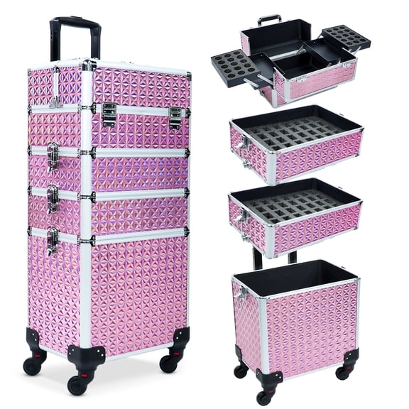 4-in-1 Rolling Makeup Train Case Lift Handle, 4 Removable Wheels Lockable Keys, Aluminum Cosmetic Extra Large Trolley Beauty Travel Organizer Box, with 360° Swivel Wheels, Pink