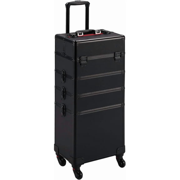 4 in 1 Rolling Makeup Train Case, Lockable Black Cosmetology Cart