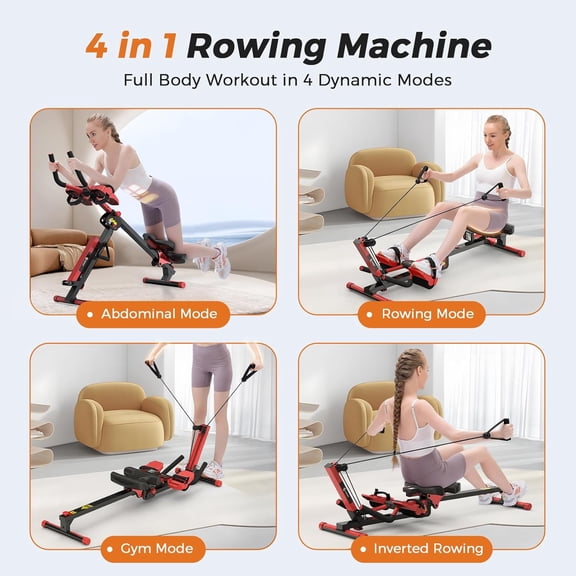 4-in-1 Rowing and Trainer with Adjustable Resistance, Foldable Home Gym Equipment for Full Body Workout