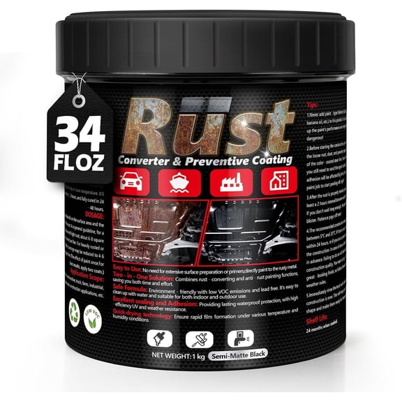 4-in-1 Rust Converter & Metal Primer, 34 Fl Oz Black Rust Inhibitor for Metal, Automotive Rust Reformer, Industrial Grade Water Based, Heat Resistance &
