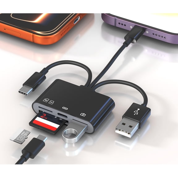 4-in-1 SD Card Reader for iPhone, Lightning+USB C+USB OTG Adapter, Transfer Photos from Digital Camera to Phone Memory Card Reader with SD/TF/USB Flash Drive/USB C Port Compatible with iPhone Android