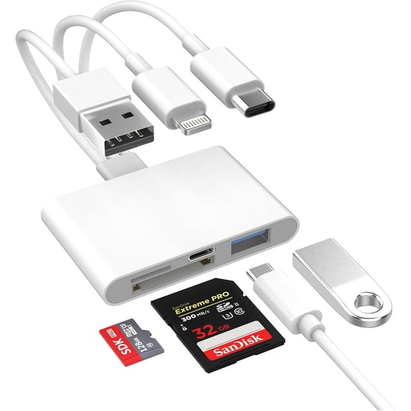 4-in-1 SD Card Reader for iPhone iPad Mac USB-C+Lightning+USB 3.0 OTG Adapter Fast Transfer from Camera SD/TF Card to Phone Compatible with Flash Drive