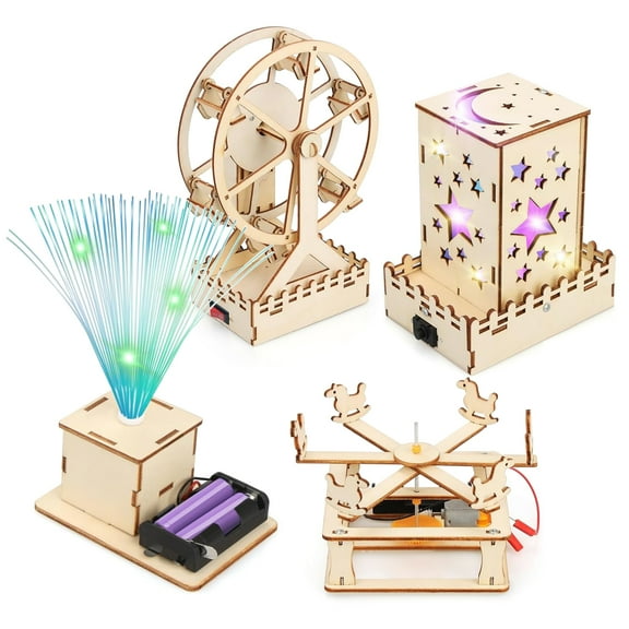 Rirool 4-in-1 STEM Building Kit for Kids Ages 8-12 - Ferris Wheel, Carousel, Fiber Optic Lamp & Star Light, 3D Wooden Puzzles, Science Toys Gift for Boys Girls 6-13 Year Old